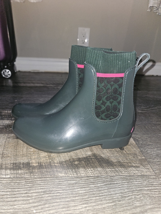 Coach Shoes - Dark Green Ankle Rain Boots with Pink Accent